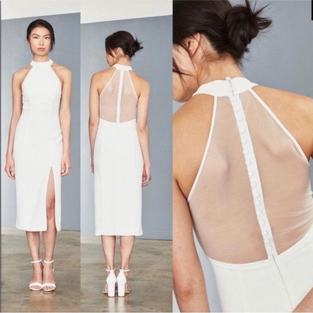 AMSALE - Shear Back Faille Sheath Dress Elegant White Halter Dress